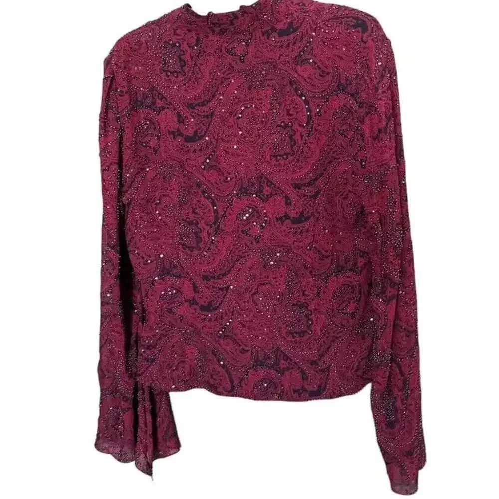 Carmen Marc Valvo Silk Beaded Blouse Women 10 Burgundy Blue Paisley Bell Sleeve - Picture 6 of 8